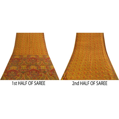 Sanskriti Vintage Yellow & Red Pure Silk Printed Sarees Sari Floral Craft Fabric
