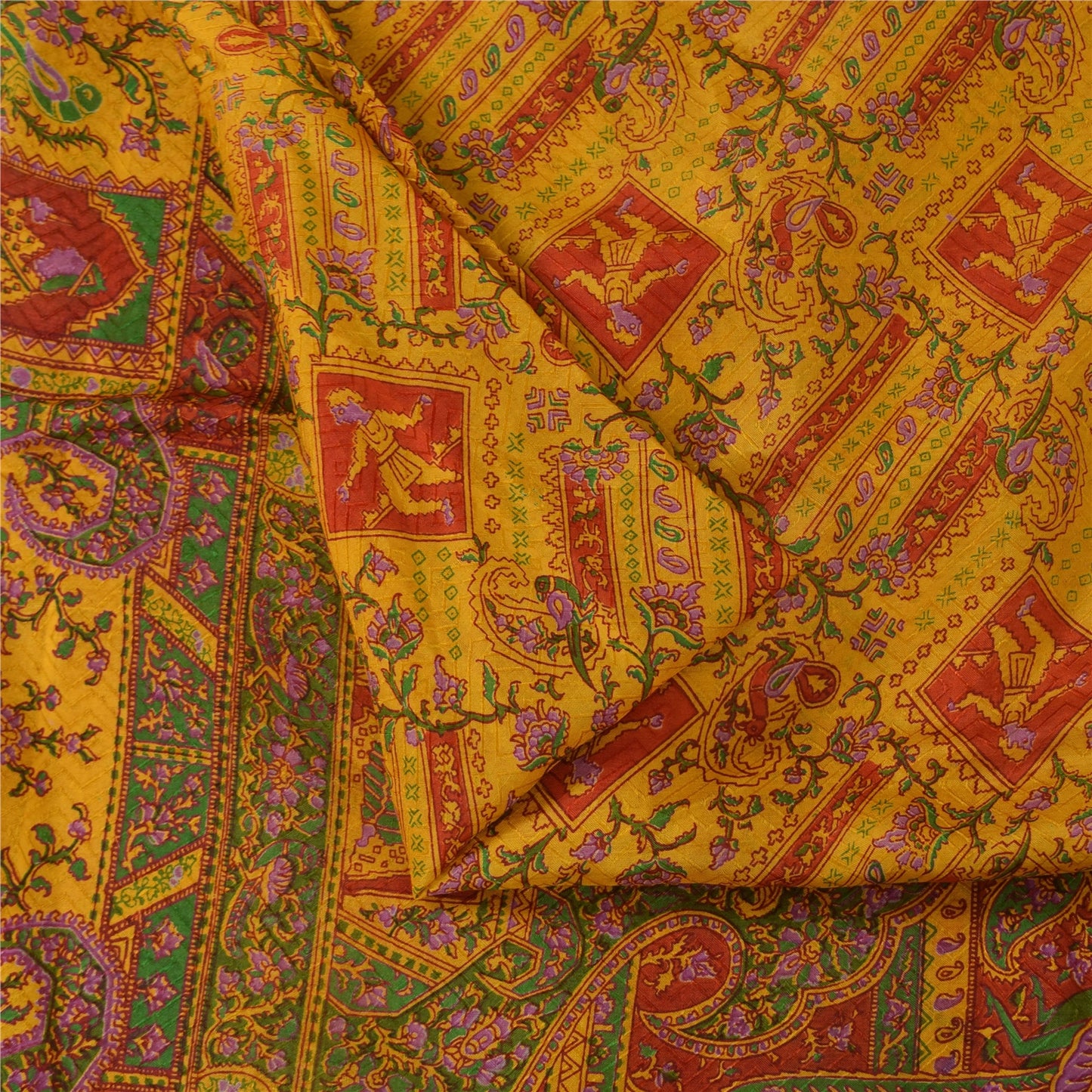 Sanskriti Vintage Yellow & Red Pure Silk Printed Sarees Sari Floral Craft Fabric