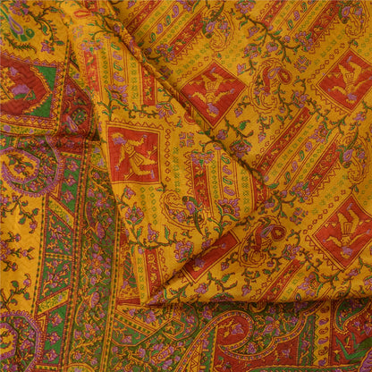 Sanskriti Vintage Yellow & Red Pure Silk Printed Sarees Sari Floral Craft Fabric