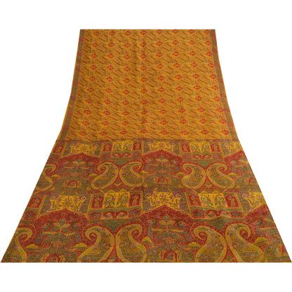 Sanskriti Vintage Yellow & Red Pure Silk Printed Sarees Sari Floral Craft Fabric