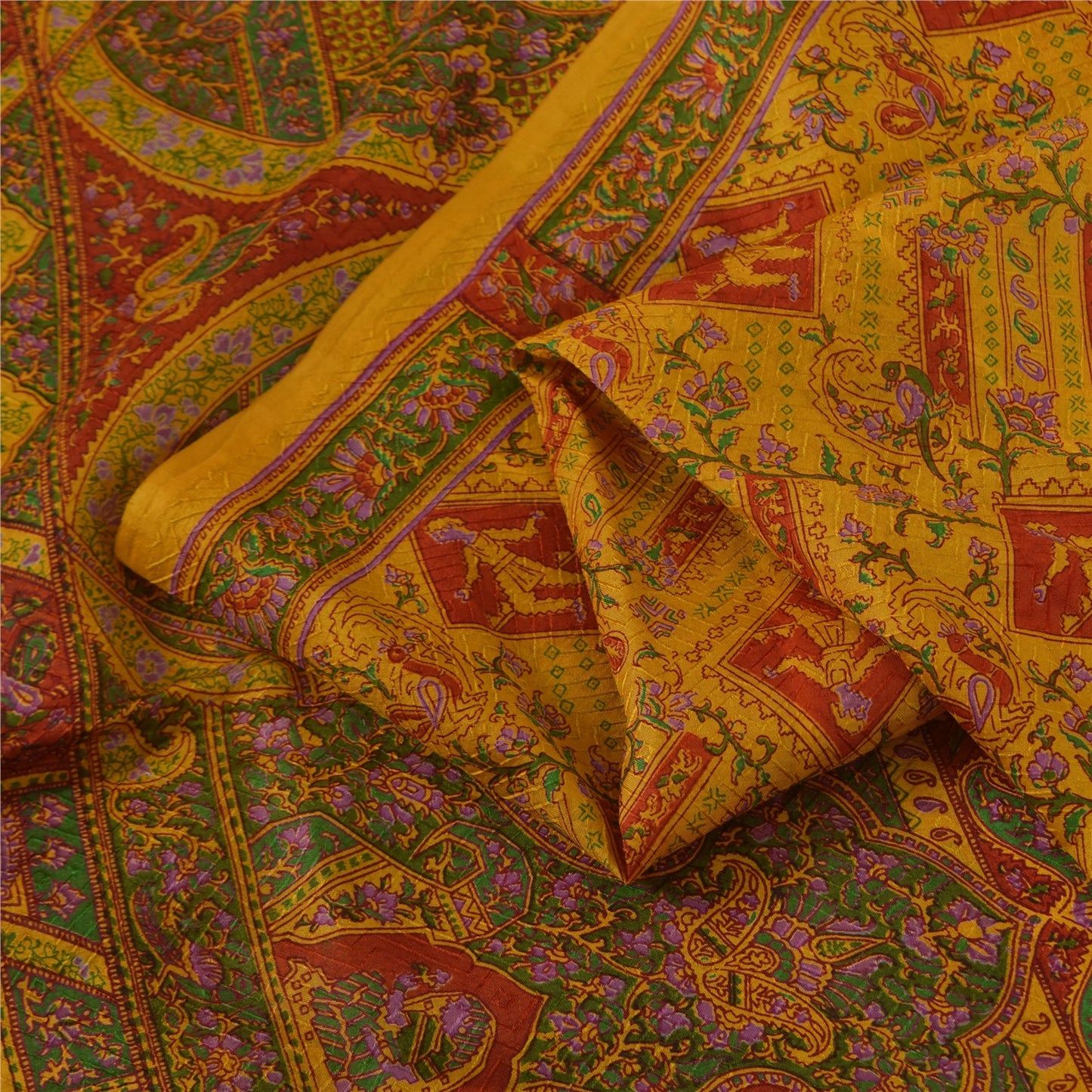Sanskriti Vintage Yellow & Red Pure Silk Printed Sarees Sari Floral Craft Fabric