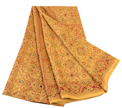 Sanskriti Vintage Beige Indian Pure Silk Printed Sarees Sari 5yd Craft Sustainable Fabric
