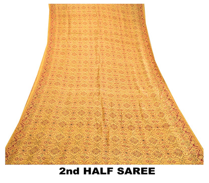 Sanskriti Vintage Beige Indian Pure Silk Printed Sarees Sari 5yd Craft Sustainable Fabric