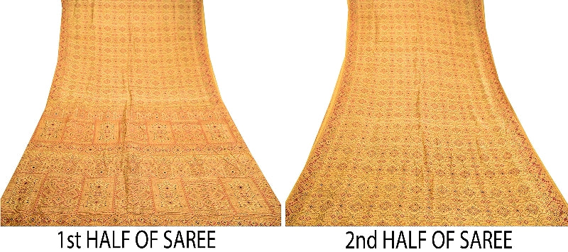 Sanskriti Vintage Beige Indian Pure Silk Printed Sarees Sari 5yd Craft Sustainable Fabric