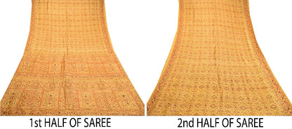 Sanskriti Vintage Beige Indian Pure Silk Printed Sarees Sari 5yd Craft Sustainable Fabric