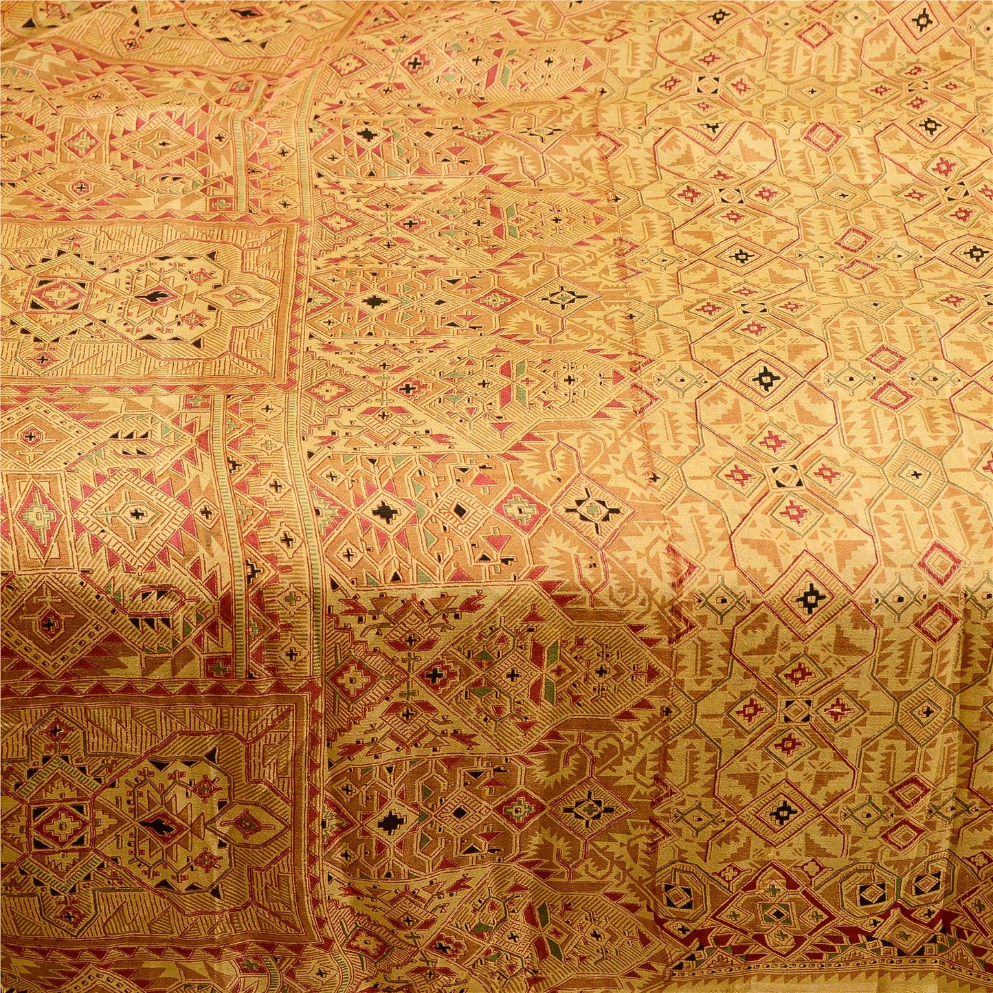 Sanskriti Vintage Beige Indian Pure Silk Printed Sarees Sari 5yd Craft Sustainable Fabric