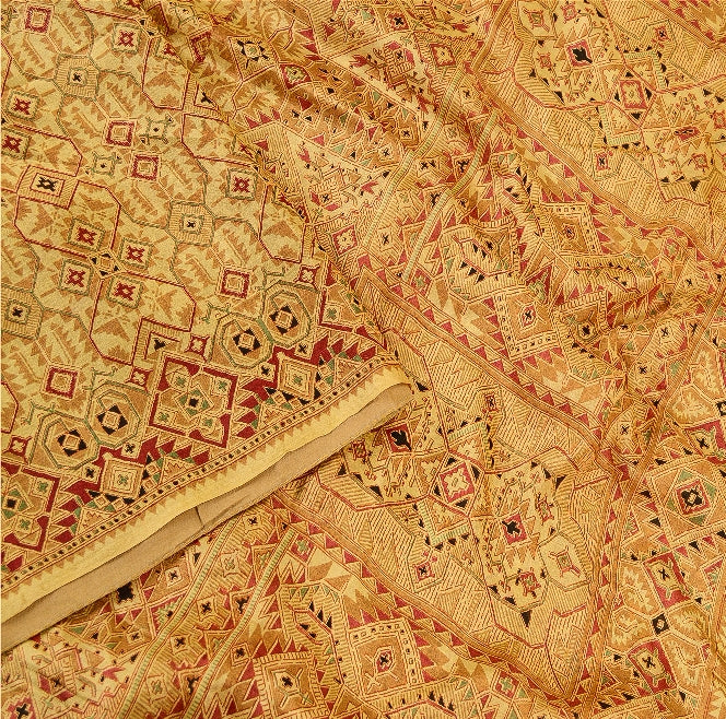 Sanskriti Vintage Beige Indian Pure Silk Printed Sarees Sari 5yd Craft Sustainable Fabric