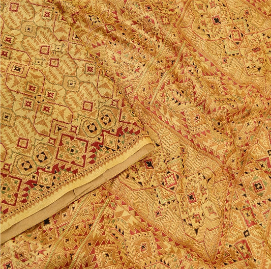 Sanskriti Vintage Beige Indian Pure Silk Printed Sarees Sari 5yd Craft Sustainable Fabric