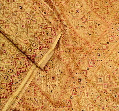 Sanskriti Vintage Beige Indian Pure Silk Printed Sarees Sari 5yd Craft Sustainable Fabric