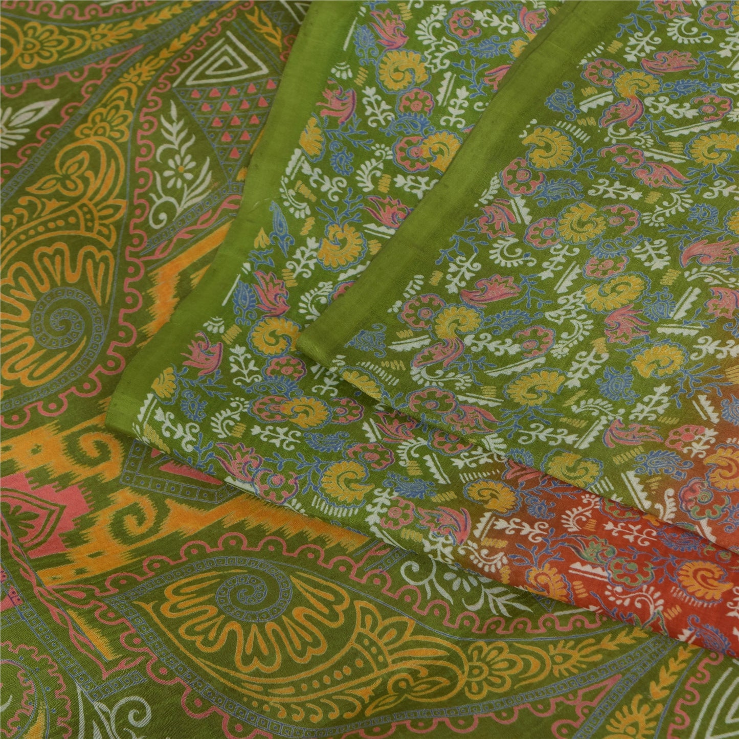 Sanskriti Vintage Orange/Green Indian Sarees Printed Pure Silk Sari Craft Fabric