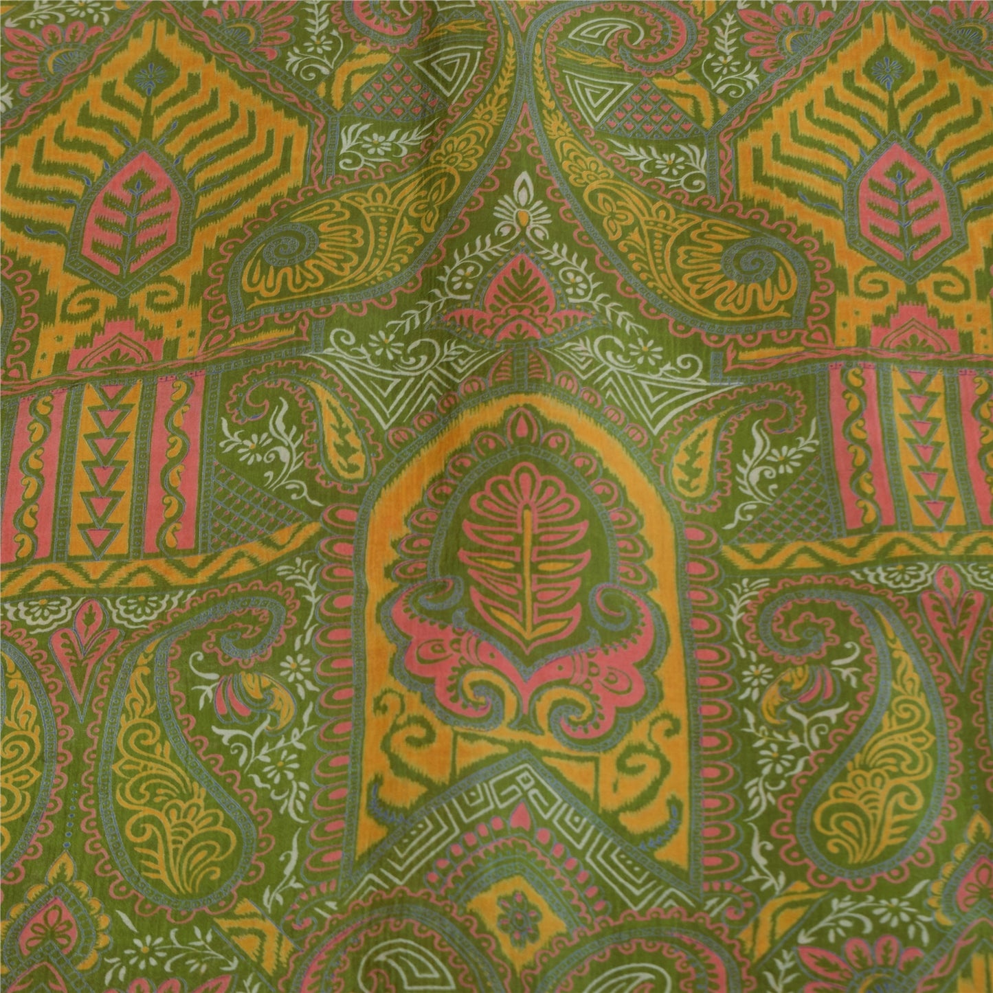 Sanskriti Vintage Orange/Green Indian Sarees Printed Pure Silk Sari Craft Fabric