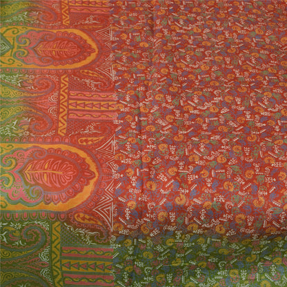 Sanskriti Vintage Orange/Green Indian Sarees Printed Pure Silk Sari Craft Fabric