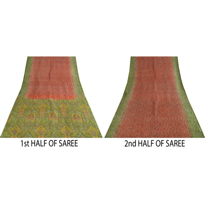 Sanskriti Vintage Orange/Green Indian Sarees Printed Pure Silk Sari Craft Fabric
