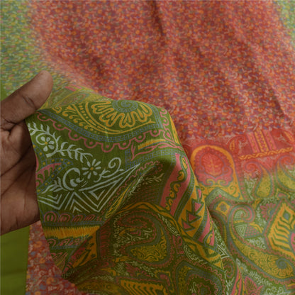 Sanskriti Vintage Orange/Green Indian Sarees Printed Pure Silk Sari Craft Fabric