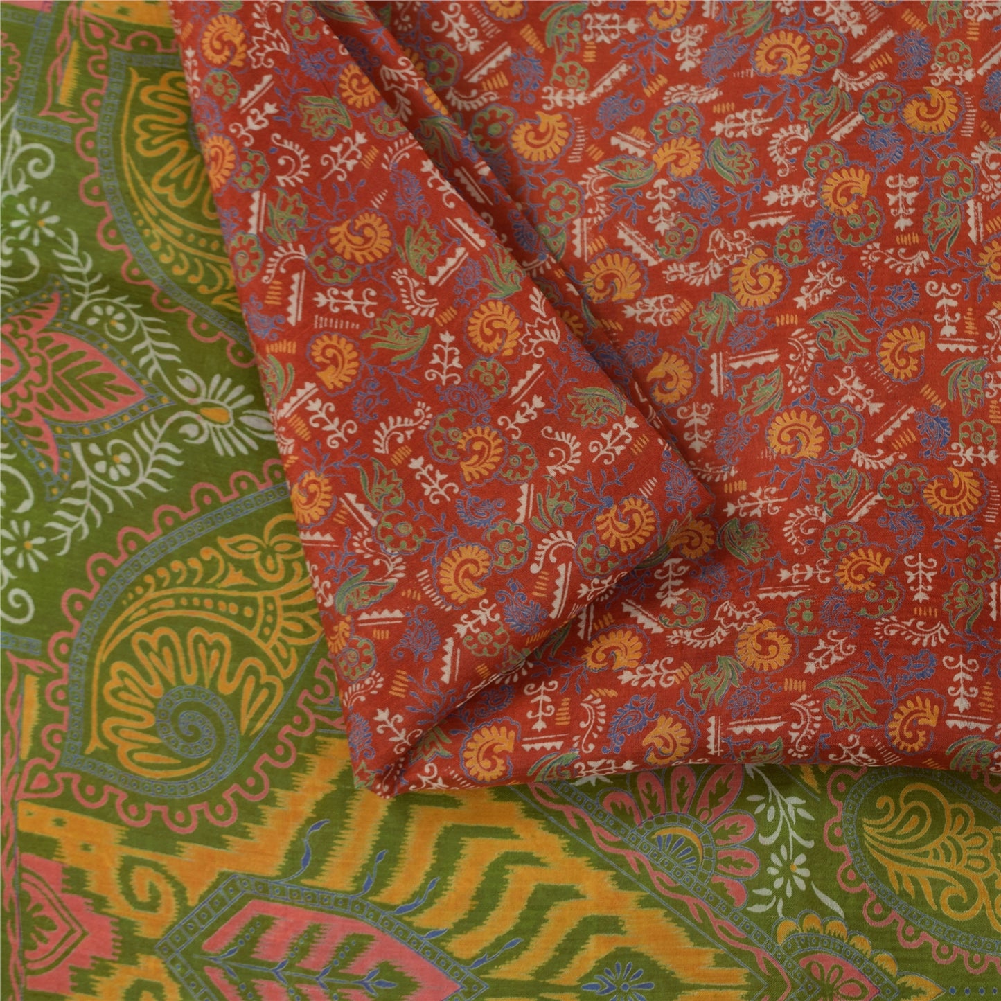 Sanskriti Vintage Orange/Green Indian Sarees Printed Pure Silk Sari Craft Fabric