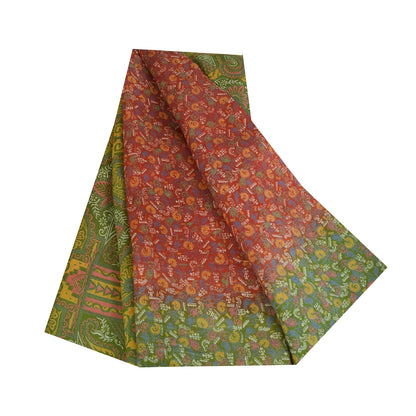 Sanskriti Vintage Orange/Green Indian Sarees Printed Pure Silk Sari Craft Fabric