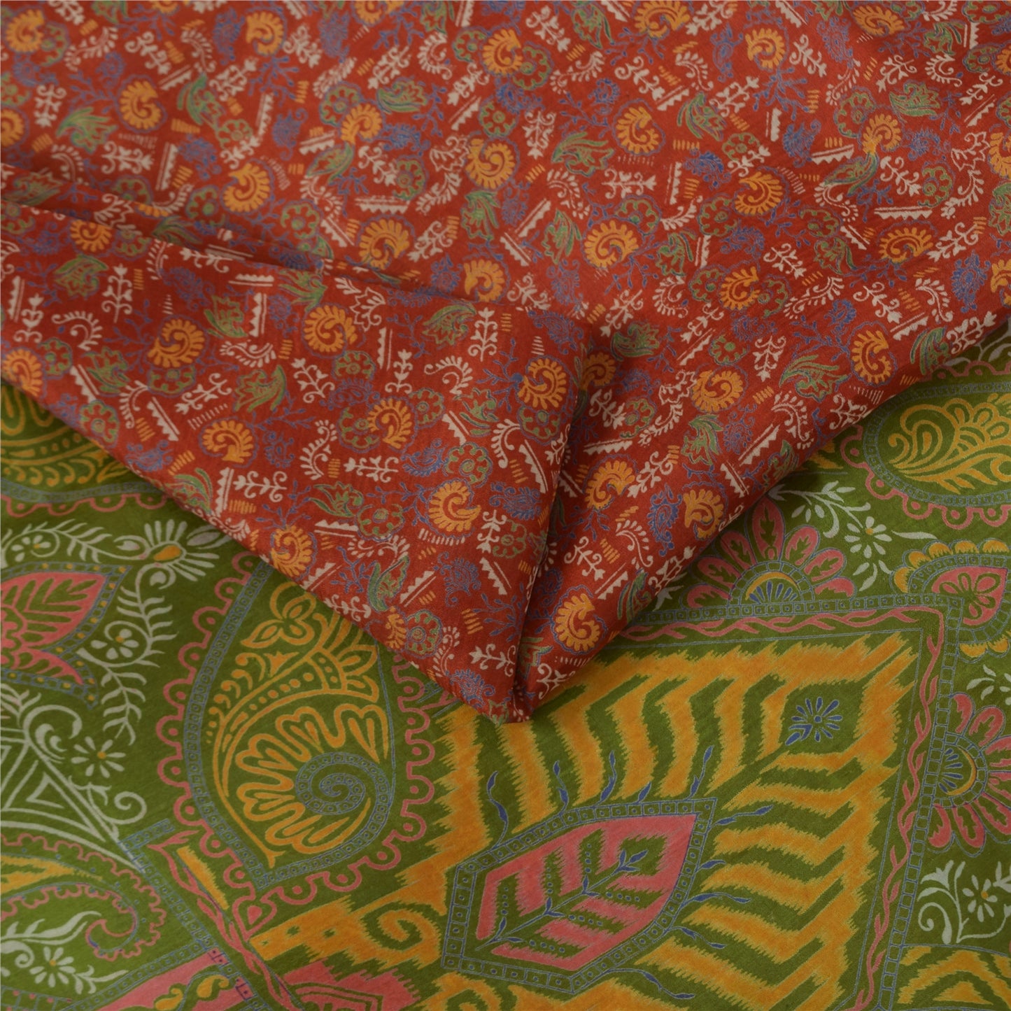 Sanskriti Vintage Orange/Green Indian Sarees Printed Pure Silk Sari Craft Fabric