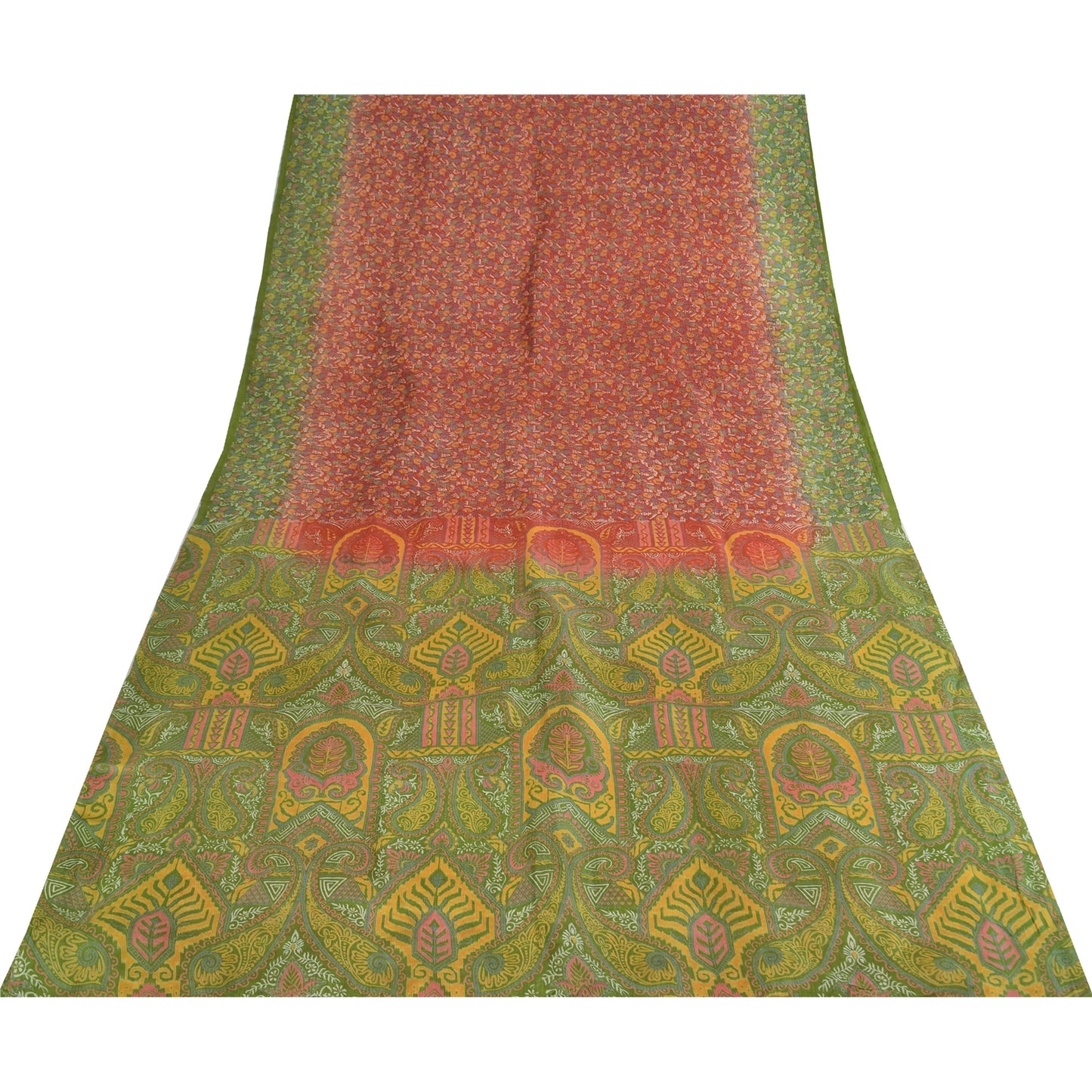 Sanskriti Vintage Orange/Green Indian Sarees Printed Pure Silk Sari Craft Fabric