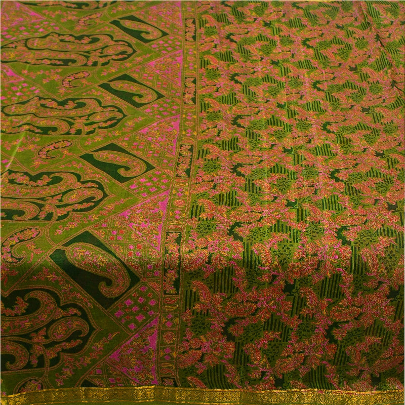 Sanskriti Vintage Green Sarees Printed Pure Silk Zari Border Sari Craft Sustainable Fabric