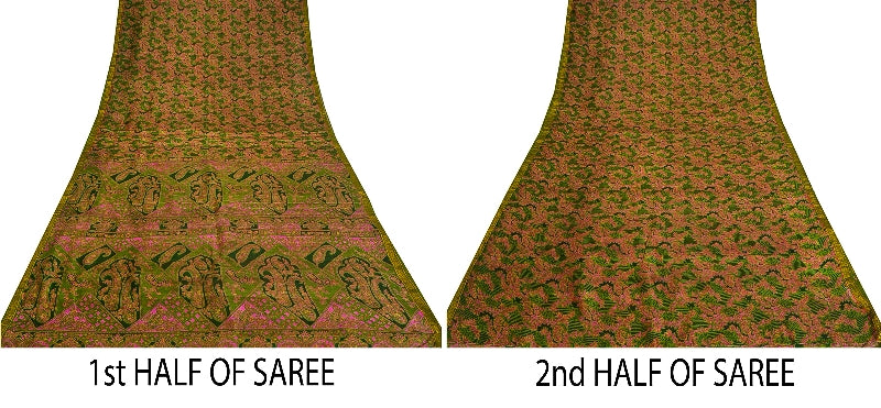 Sanskriti Vintage Green Sarees Printed Pure Silk Zari Border Sari Craft Sustainable Fabric