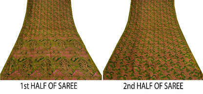 Sanskriti Vintage Green Sarees Printed Pure Silk Zari Border Sari Craft Sustainable Fabric