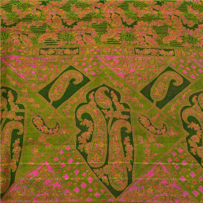 Sanskriti Vintage Green Sarees Printed Pure Silk Zari Border Sari Craft Sustainable Fabric