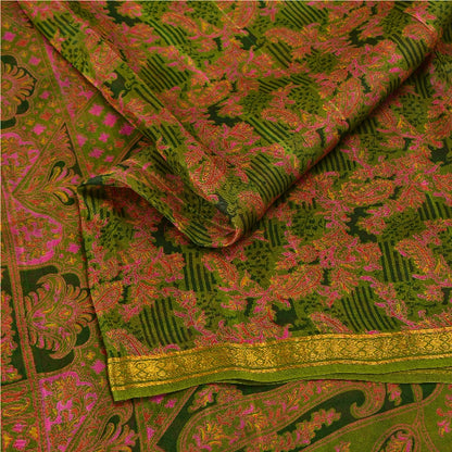 Sanskriti Vintage Green Sarees Printed Pure Silk Zari Border Sari Craft Sustainable Fabric