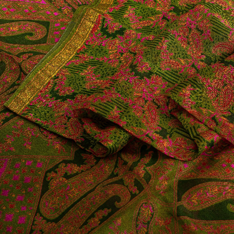 Sanskriti Vintage Green Sarees Printed Pure Silk Zari Border Sari Craft Sustainable Fabric