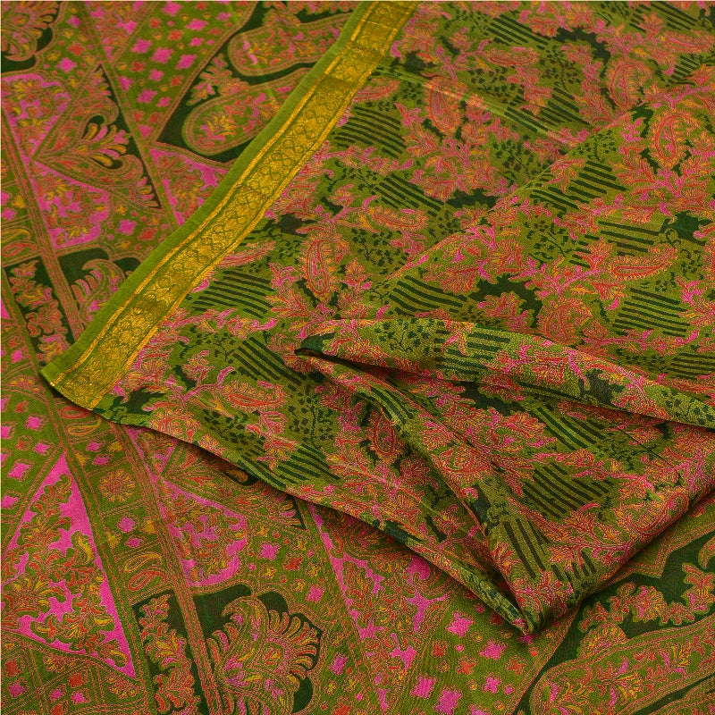 Sanskriti Vintage Green Sarees Printed Pure Silk Zari Border Sari Craft Sustainable Fabric