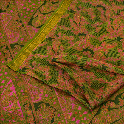 Sanskriti Vintage Green Sarees Printed Pure Silk Zari Border Sari Craft Sustainable Fabric