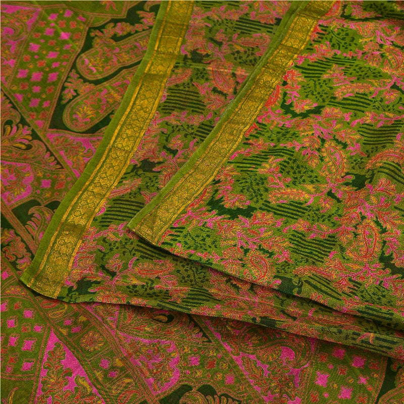 Sanskriti Vintage Green Sarees Printed Pure Silk Zari Border Sari Craft Sustainable Fabric