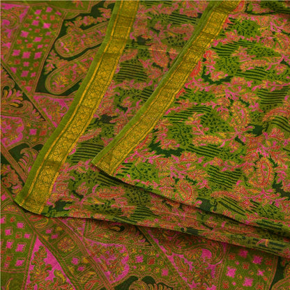 Sanskriti Vintage Green Sarees Printed Pure Silk Zari Border Sari Craft Sustainable Fabric