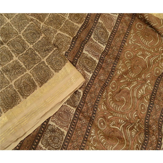 Sanskriti Vintage Brune Sareer Ren Silke Trykt Zari Border Sari Håndværk Bæredygtigt Stoff