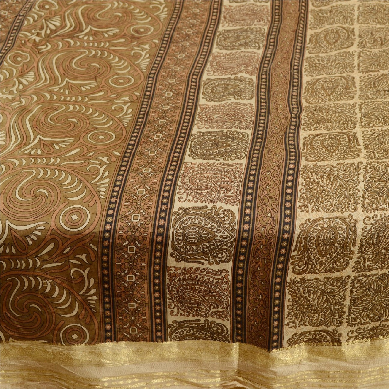 Sanskriti Vintage Brown Sarees Pure Silk Printed Zari Border Sari Craft Sustainable Fabric