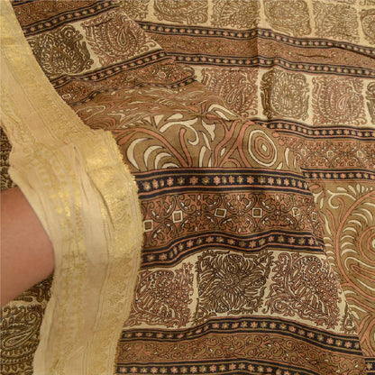 Sanskriti Vintage Brown Sarees Pure Silk Printed Zari Border Sari Craft Sustainable Fabric