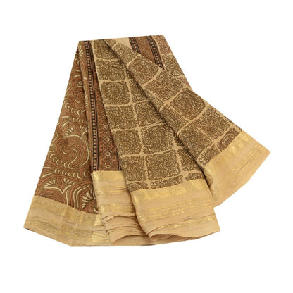 Sanskriti Vintage Brown Sarees Pure Silk Printed Zari Border Sari Craft Sustainable Fabric