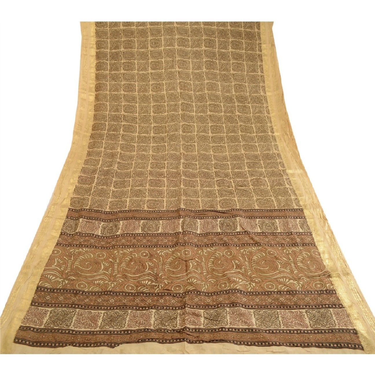 Sanskriti Vintage Brown Sarees Pure Silk Printed Zari Border Sari Craft Sustainable Fabric