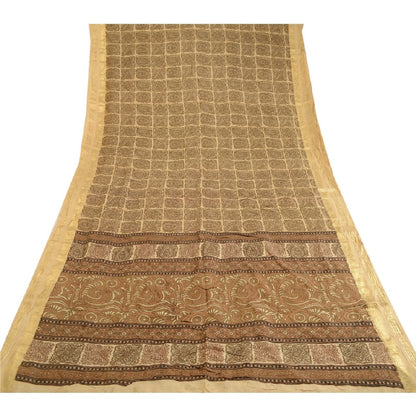 Sanskriti Vintage Brown Sarees Pure Silk Printed Zari Border Sari Craft Sustainable Fabric