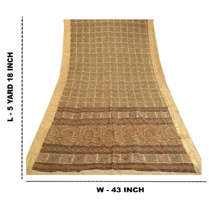 Sanskriti Vintage Brown Sarees Pure Silk Printed Zari Border Sari Craft Sustainable Fabric
