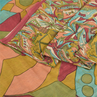 Sanskriti Vintage Sarees Multi Cotton Silk Abstract Women Print Sari 5+yd Fabric