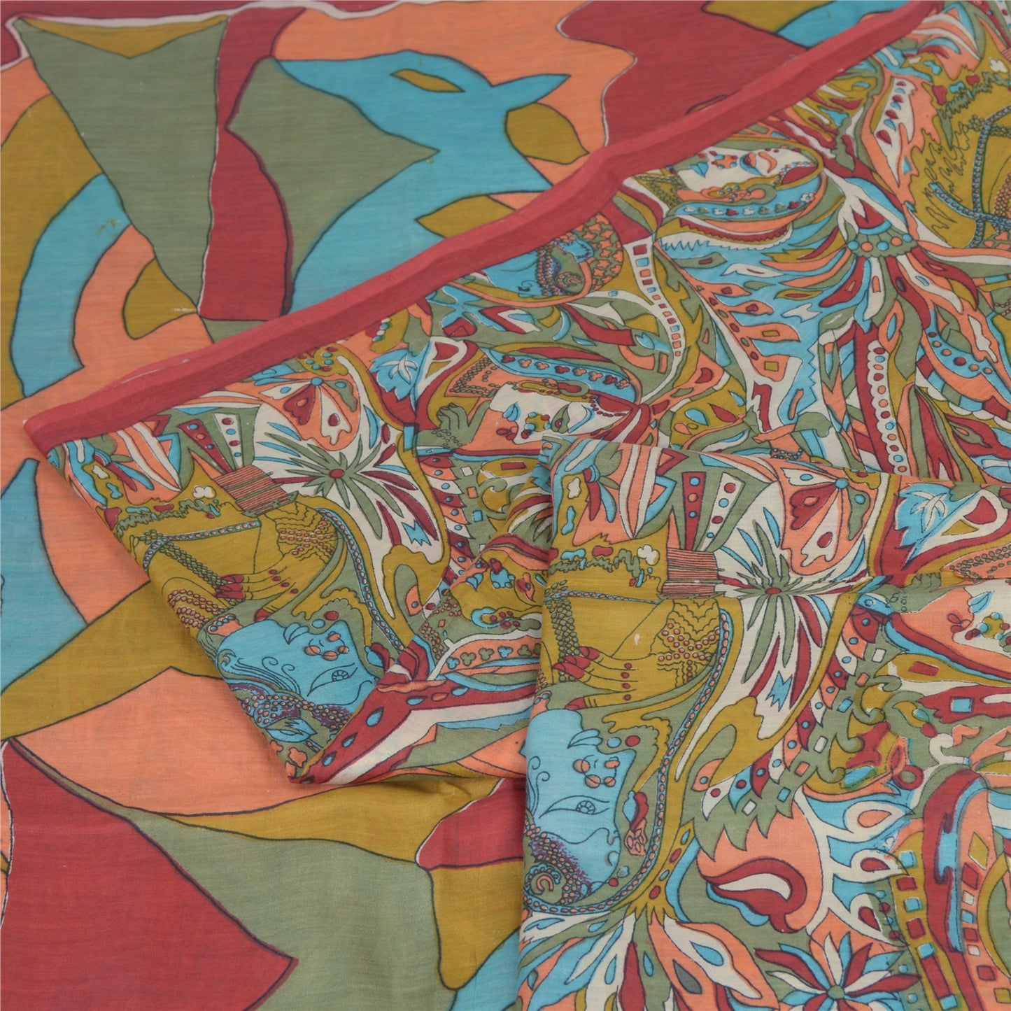 Sanskriti Vintage Sarees Multi Cotton Silk Abstract Women Print Sari 5+yd Fabric