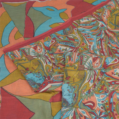 Sanskriti Vintage Sarees Multi Cotton Silk Abstract Women Print Sari 5+yd Fabric