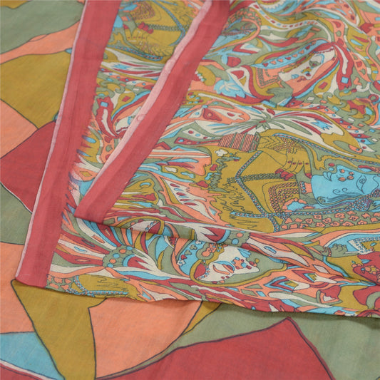 Sanskriti Vintage Sarees Multi Cotton Silk Abstract Women Print Sari 5+yd Fabric