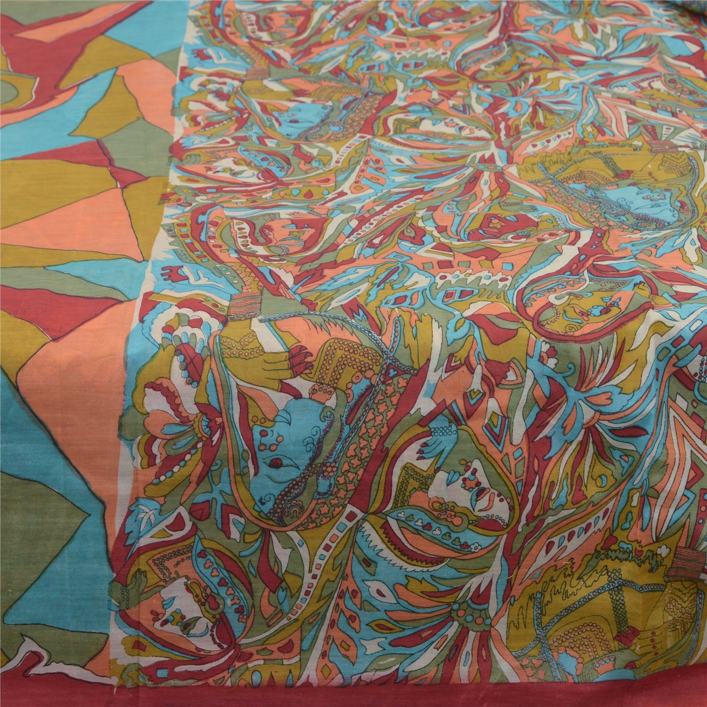Sanskriti Vintage Sarees Multi Cotton Silk Abstract Women Print Sari 5+yd Fabric