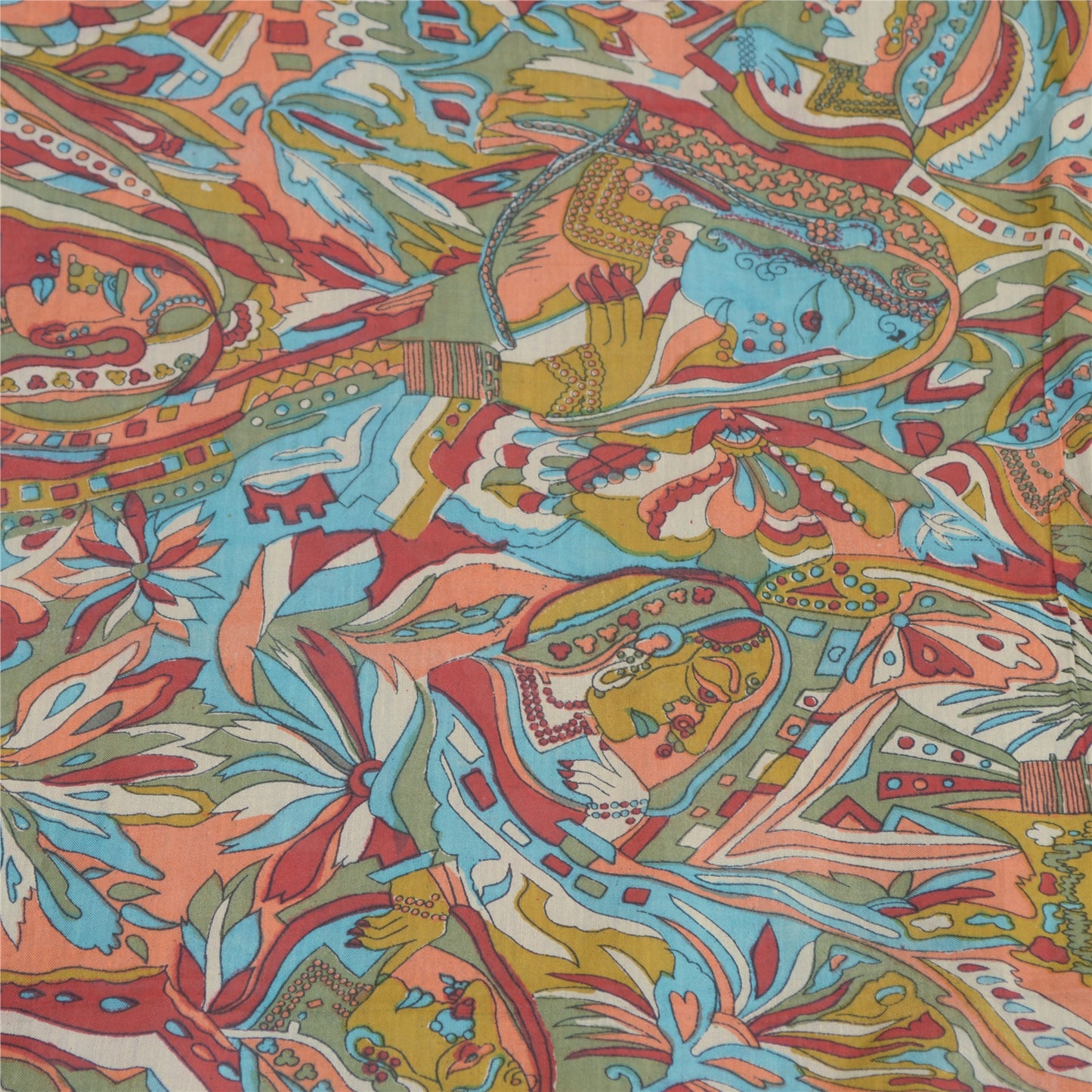 Sanskriti Vintage Sarees Multi Cotton Silk Abstract Women Print Sari 5+yd Fabric