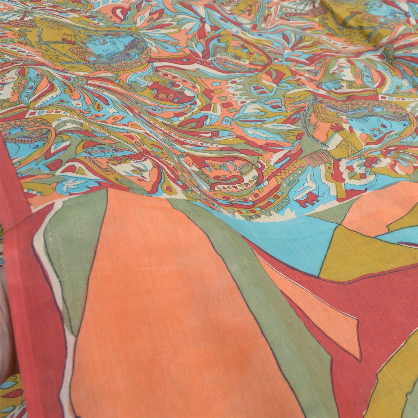 Sanskriti Vintage Sarees Multi Cotton Silk Abstract Women Print Sari 5+yd Fabric