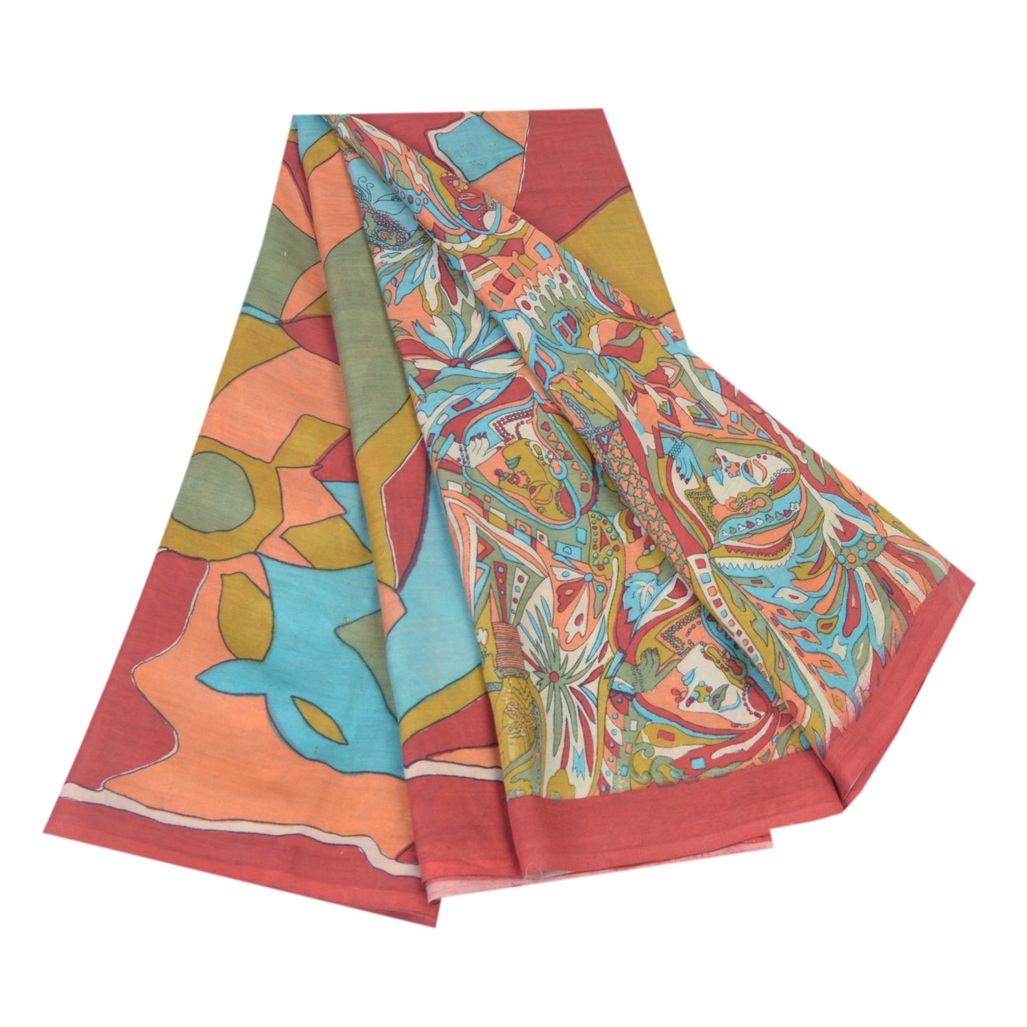Sanskriti Vintage Sarees Multi Cotton Silk Abstract Women Print Sari 5+yd Fabric