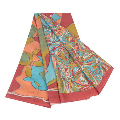 Sanskriti Vintage Sarees Multi Cotton Silk Abstract Women Print Sari 5+yd Fabric