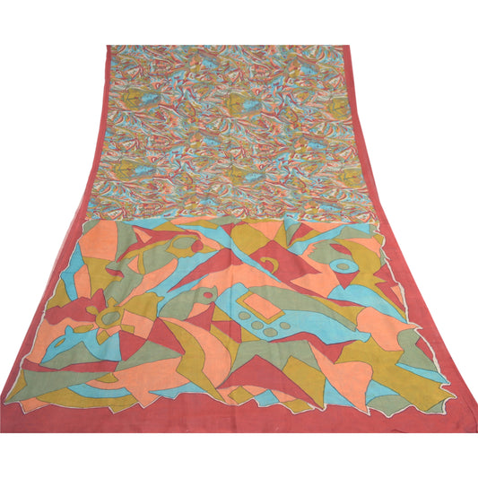 Sanskriti Vintage Sarees Multi Cotton Silk Abstract Women Print Sari 5+yd Fabric