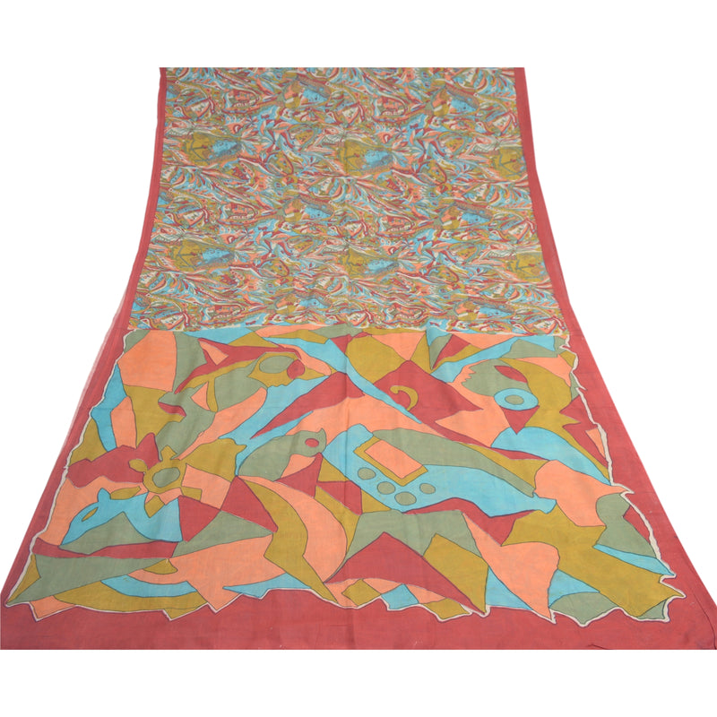 Sanskriti Vintage Sarees Multi Cotton Silk Abstract Women Print Sari 5+yd Fabric